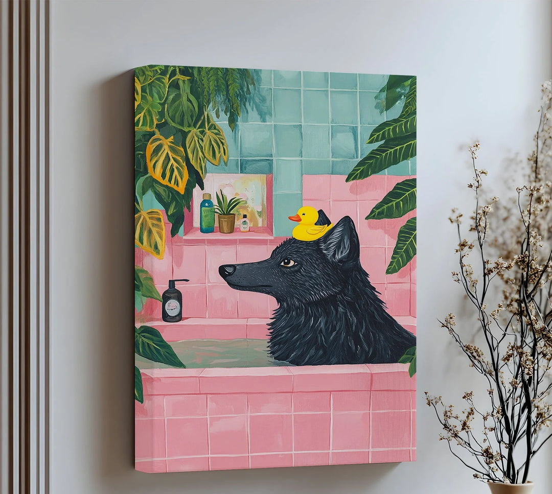 This vibrant wolf-in-the-bathtub canvas print adds a bold, humorous touch to bathroom walls—perfect for playful decor lovers and animal art enthusiasts.