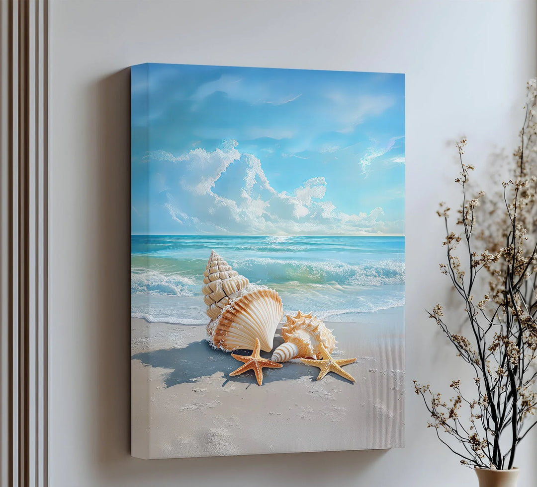Capture coastal serenity with this calming canvas wall art of seashells and gentle surf.