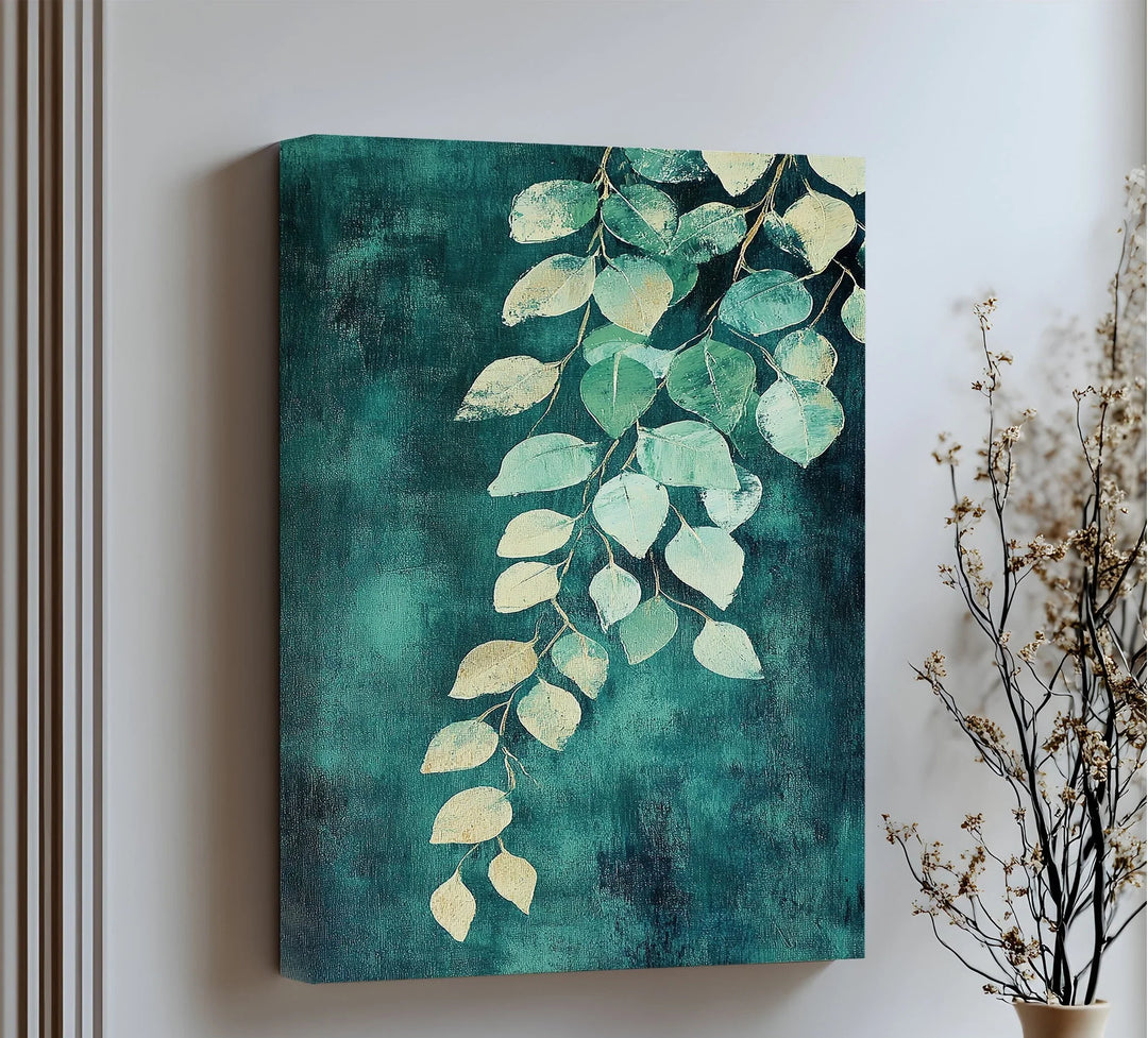 Golden Eucalyptus Cascade – Elegant Leaf Branch Canvas Print - MyPhotoStation