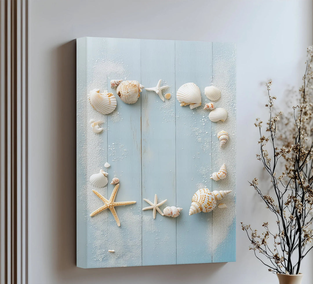 Soft sands and seashells form a perfect beachy accent on this elegant canvas print.
