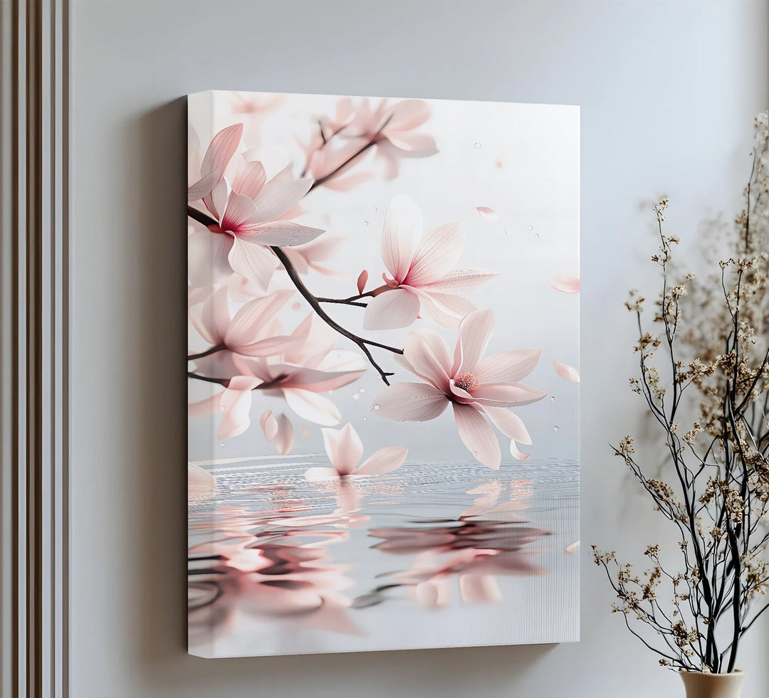 Tranquil Petals Over Water – pink magnolia flower canvas print with soft reflections