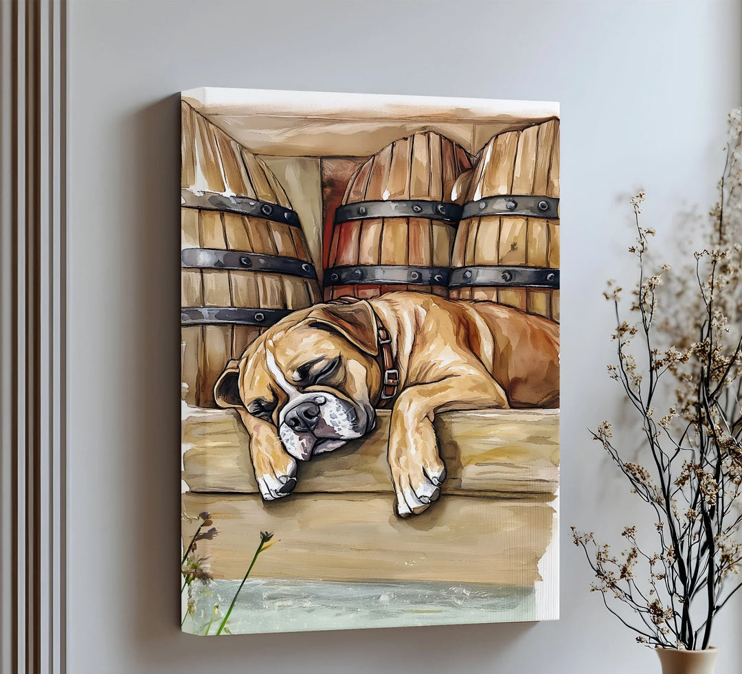 Barrel Nap – Sleeping Bulldog Illustration Puppies Canvas Print - MyPhotoStation
