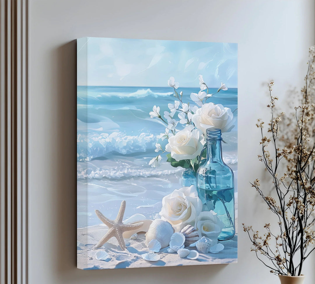 Coastal Elegance – White Roses & Ocean Breeze Canvas Print - MyPhotoStation