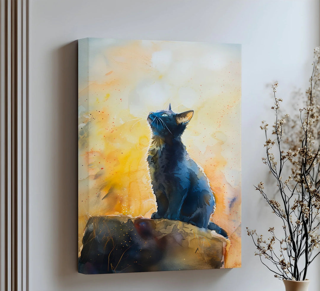 Black Cat in Golden Light Watercolor - Cat Canvas Print - MyPhotoStation