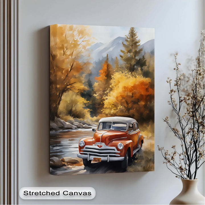 Autumn Journey – Vintage Car in Mountain Landscape Canvas Print - MyPhotoStation