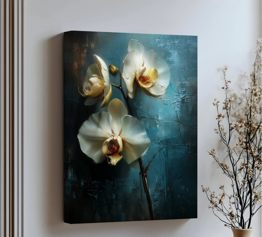 White Orchids in Golden Glow – Elegant Botanical Canvas Print - MyPhotoStation