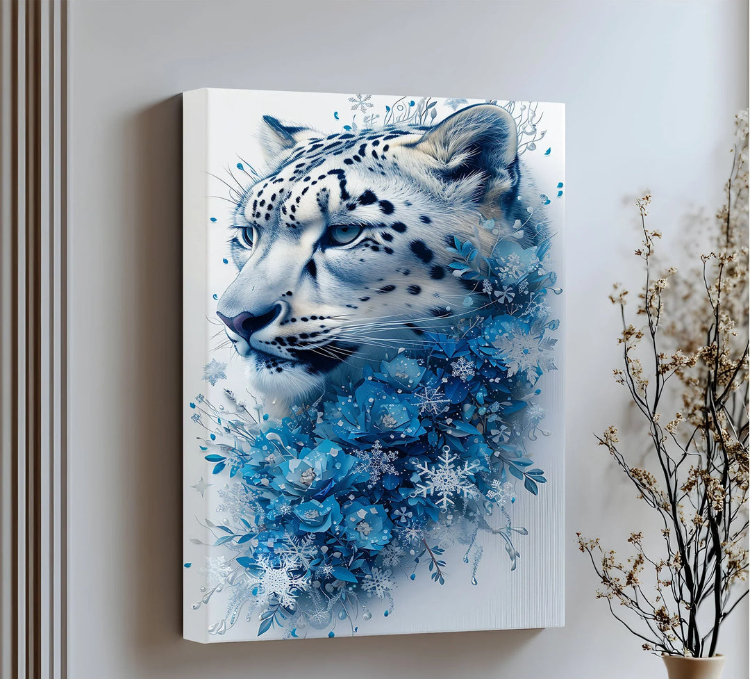 Snow Leopard in Blue Florals – Majestic Winter Wildlife Blue Canvas Prints - MyPhotoStation