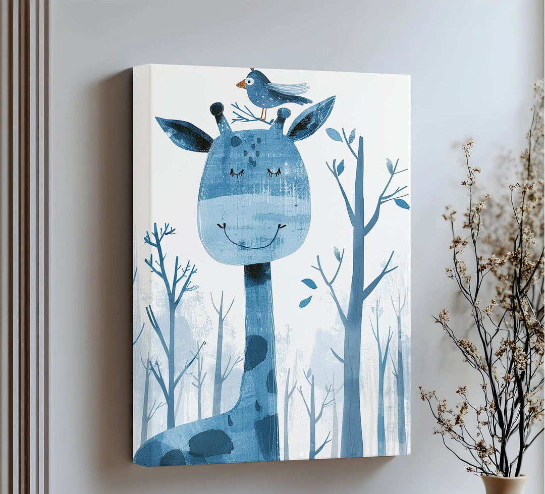 Whimsical Giraffe & Bird in Blue Forest – Kids Animal Blue Canvas Prints - MyPhotoStation