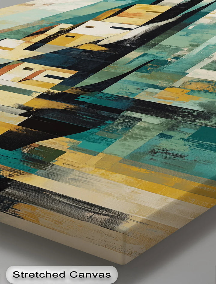 Cubist seaside houses with warm gold and ocean blues – wall decor