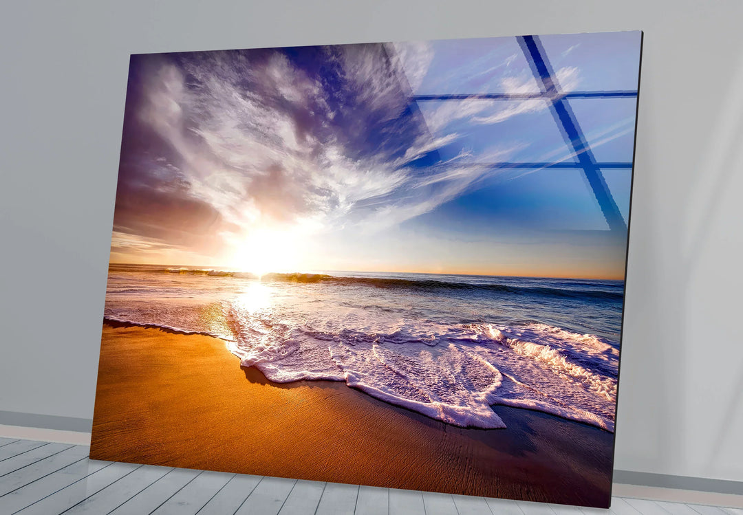 Golden Sunrise Beach Wall Art – Serene Ocean Glass Print for Coastal and Relaxing Interiors - MyPhotoStation