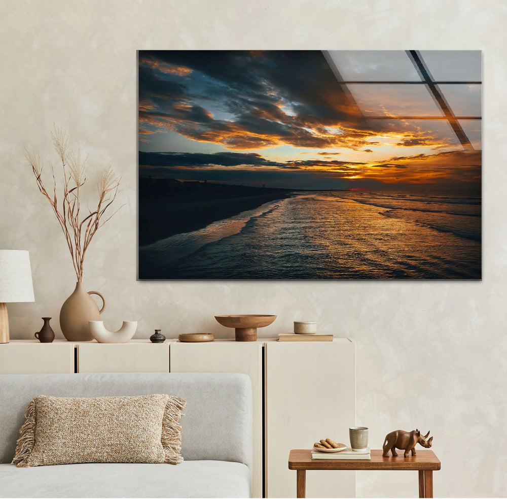 Golden Sunset Ocean Wall Art – Moody Coastal Landscape Glass Print - MyPhotoStation