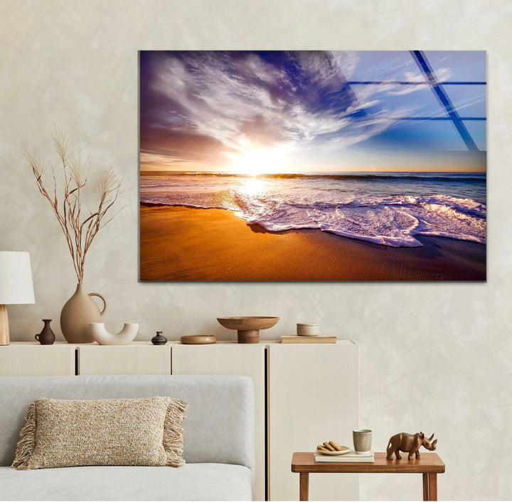 Golden Sunrise Beach Wall Art – Serene Ocean Glass Print for Coastal and Relaxing Interiors - MyPhotoStation
