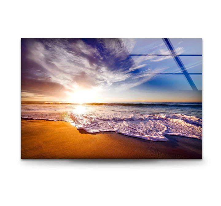 Golden Sunrise Beach Wall Art – Serene Ocean Glass Print for Coastal and Relaxing Interiors - MyPhotoStation