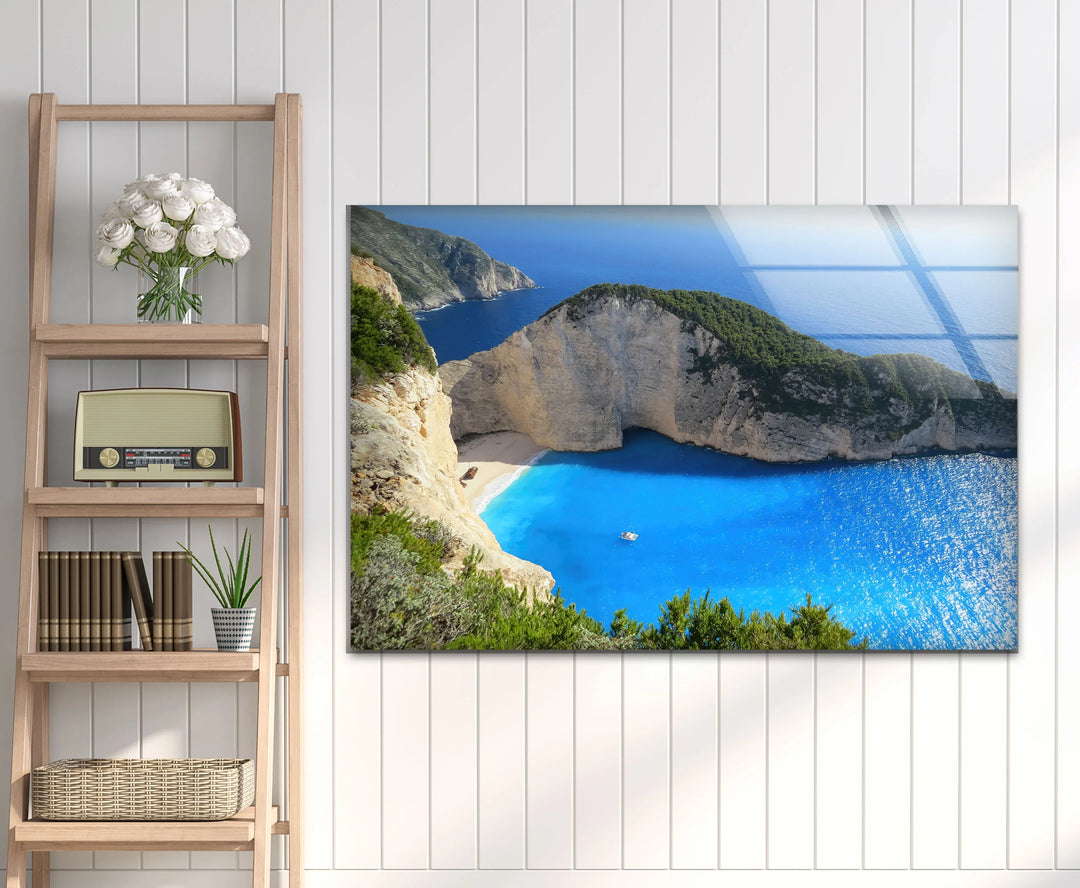 Navagio Beach Wall Art – Stunning Blue Coast Glass Print of Zakynthos Bay for Coastal and Modern Interiors - MyPhotoStation