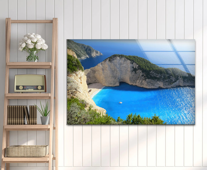 Navagio Beach Wall Art – Stunning Blue Coast Glass Print of Zakynthos Bay for Coastal and Modern Interiors - MyPhotoStation