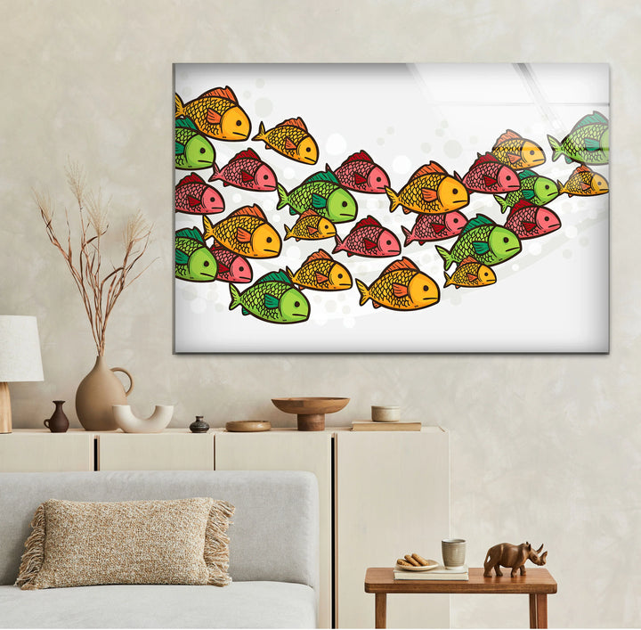 Colorful Fish Pattern Wall Art – Playful Glass Print for Kids’ Rooms, Bathrooms, and Coastal Interiors - MyPhotoStation