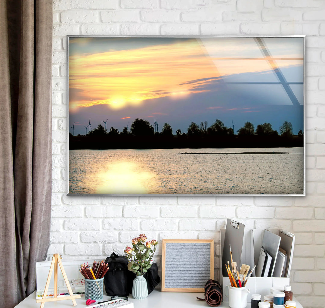 Sunset Lake View Wall Art – Serene Wind Turbine Glass Print for Eco-Inspired and Modern Interiors - MyPhotoStation