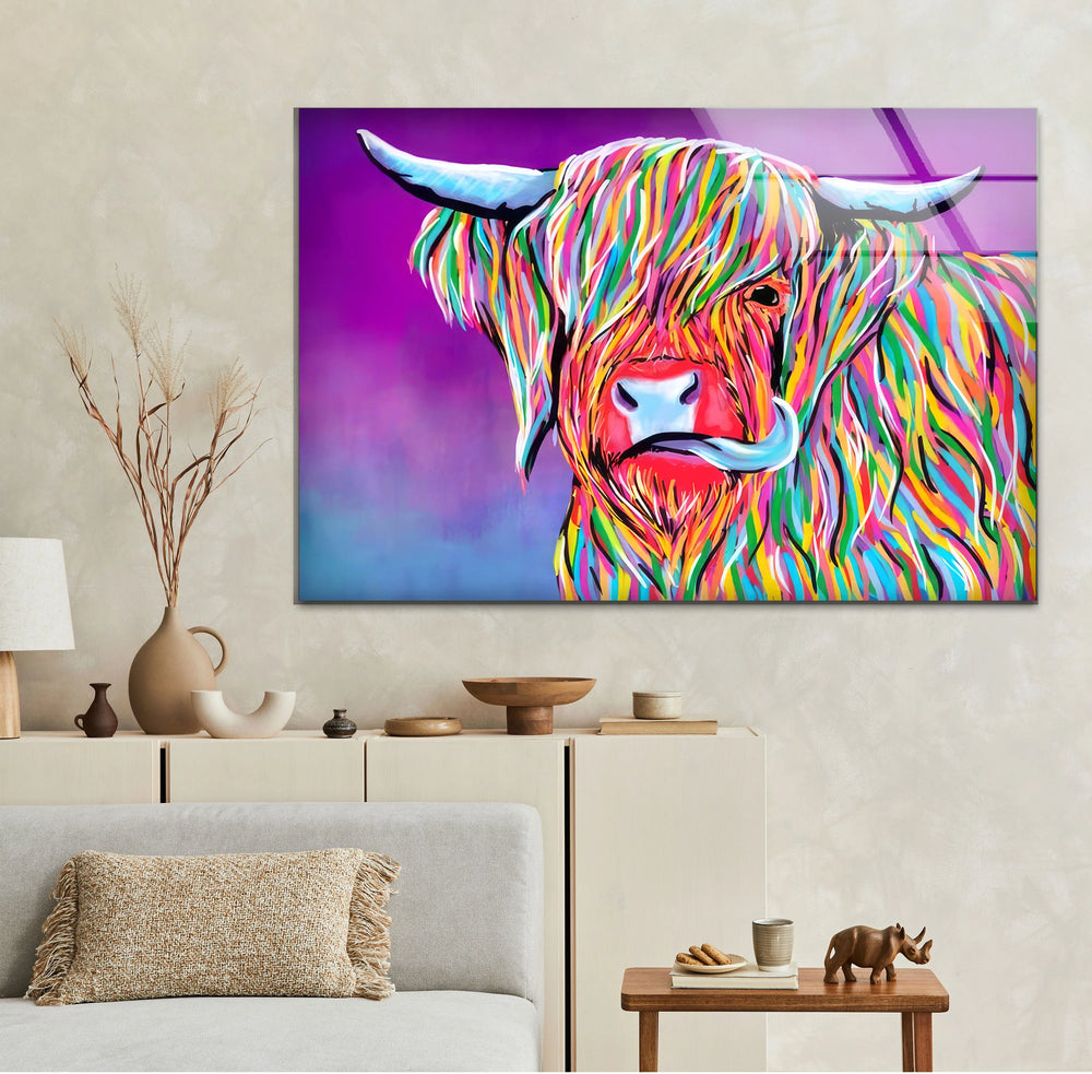 Colorful Highland Cow Wall Art – Modern Pop Animal Glass Print Decor - MyPhotoStation