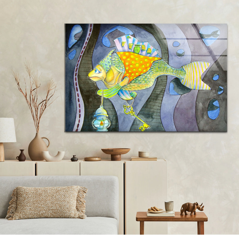 Surreal Fantasy Fish Wall Art – Whimsical Glass Print with Key & Lantern - MyPhotoStation