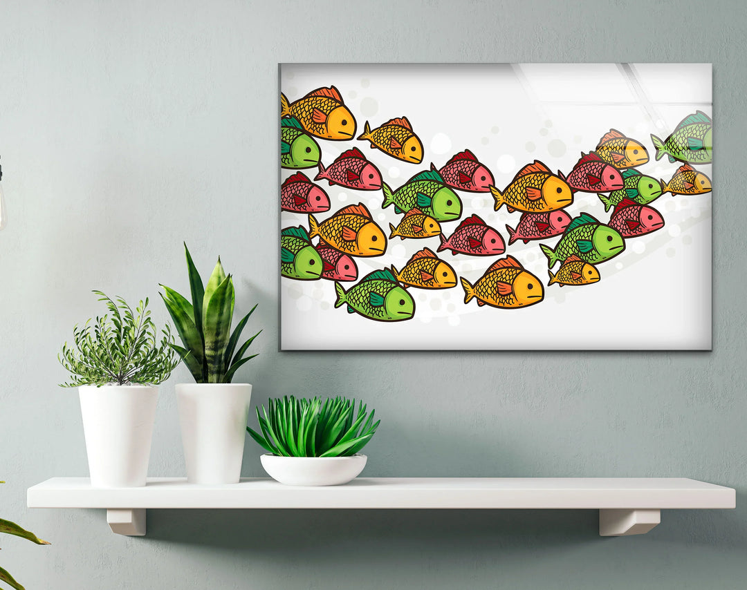 Colorful Fish Pattern Wall Art – Playful Glass Print for Kids’ Rooms, Bathrooms, and Coastal Interiors - MyPhotoStation