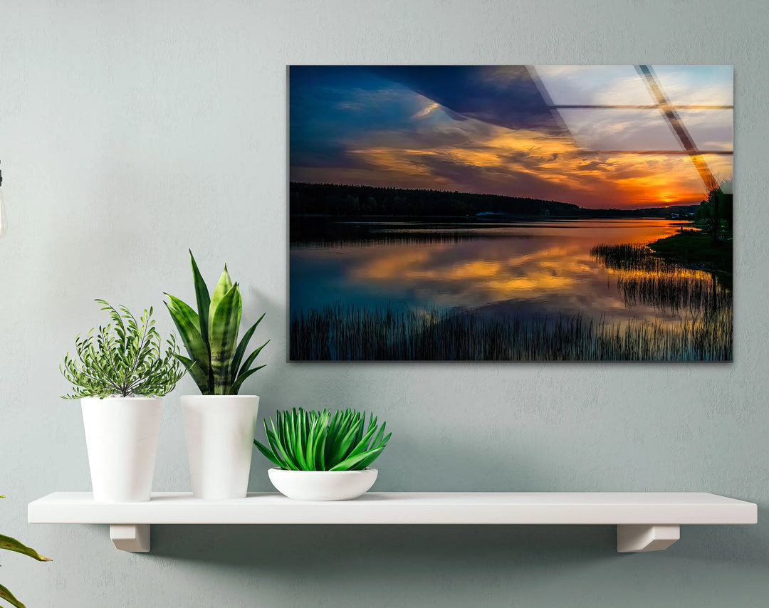 Tranquil Sunset Lake Wall Art – Moody Landscape Glass Print for Nature-Inspired Modern Interiors - MyPhotoStation