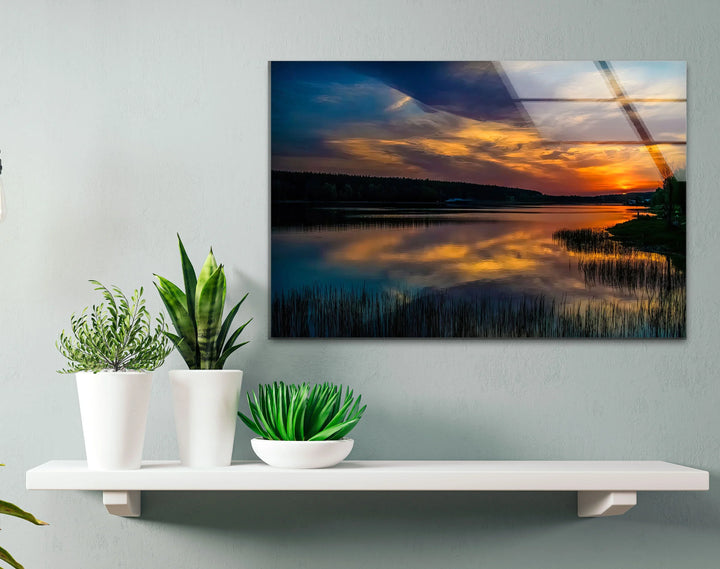 Tranquil Sunset Lake Wall Art – Moody Landscape Glass Print for Nature-Inspired Modern Interiors - MyPhotoStation