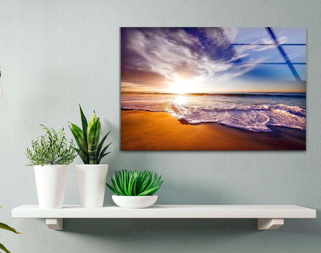 Golden Sunrise Beach Wall Art – Serene Ocean Glass Print for Coastal and Relaxing Interiors - MyPhotoStation