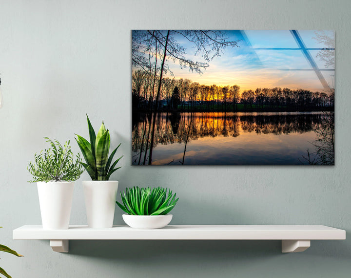 Sunset Forest Reflection Wall Art – Tranquil Lake Glass Print for Nature-Inspired Interiors - MyPhotoStation