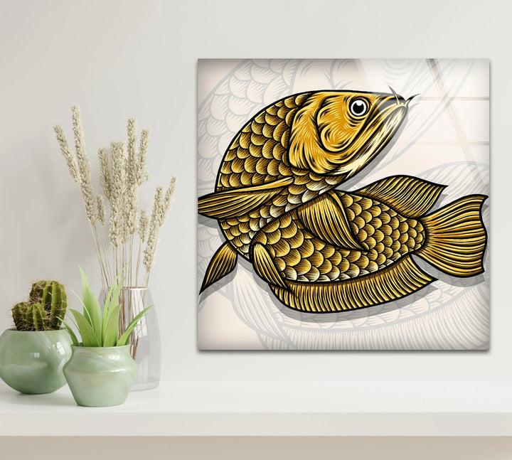 Golden Arowana Fish Wall Art – Elegant Asian-Inspired Glass Print for Modern Interiors and Feng Shui Decor - MyPhotoStation