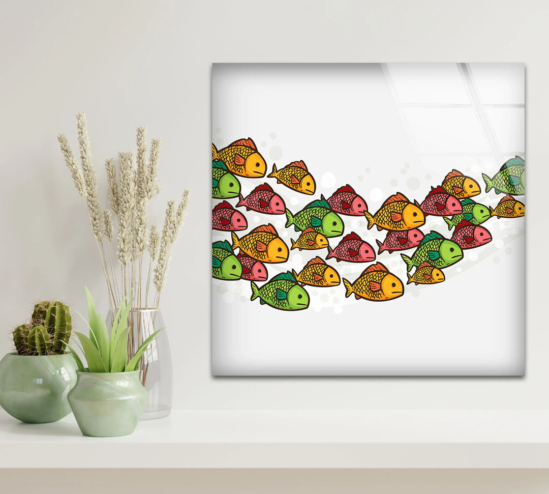 Colorful Fish Pattern Wall Art – Playful Glass Print for Kids’ Rooms, Bathrooms, and Coastal Interiors - MyPhotoStation