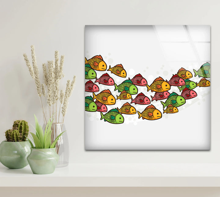 Colorful Fish Pattern Wall Art – Playful Glass Print for Kids’ Rooms, Bathrooms, and Coastal Interiors - MyPhotoStation