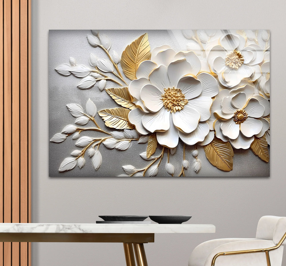 White Gold Floral Wall Art – 3D Textured Flower Print on Glass Panel - MyPhotoStation