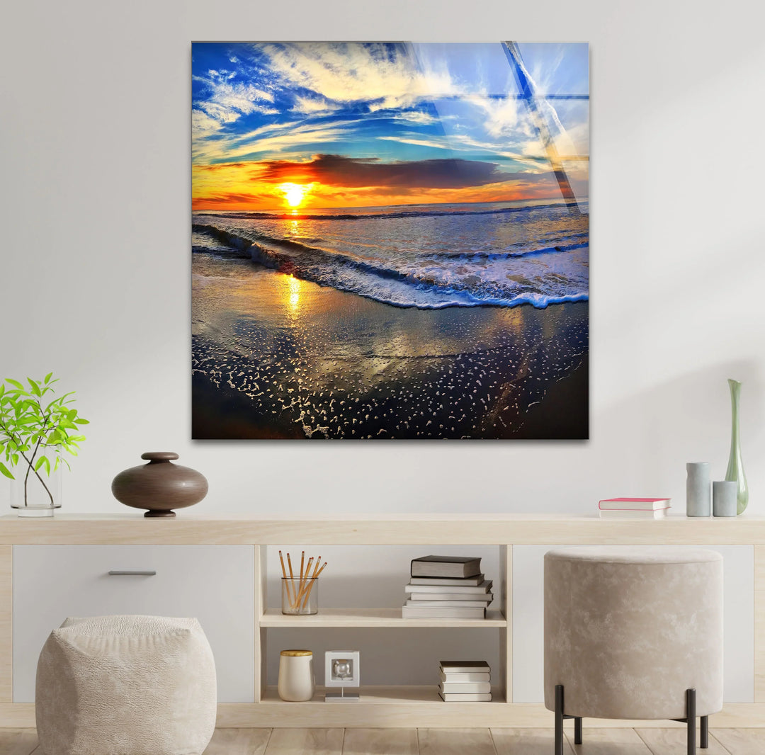Sunset Beach Wave Wall Art – Vibrant Ocean Horizon Glass Print for Coastal and Modern Interiors - MyPhotoStation