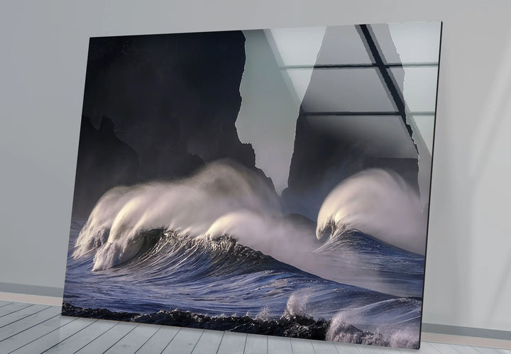 Stormy Ocean Waves Wall Art – Dramatic Coastal Glass Print with Dark Sea Cliffs for Modern Interiors - MyPhotoStation