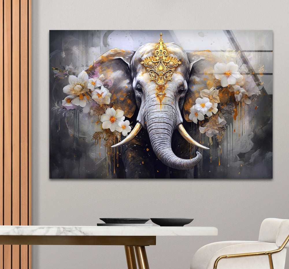 Regal Elephant Wall Art – Golden Floral Decor on Tempered Glass Panel - MyPhotoStation