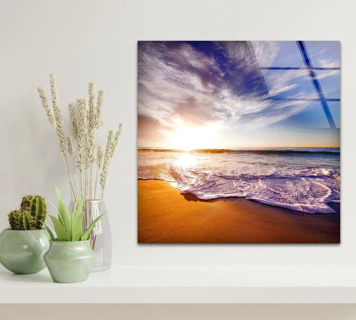 Golden Sunrise Beach Wall Art – Serene Ocean Glass Print for Coastal and Relaxing Interiors - MyPhotoStation