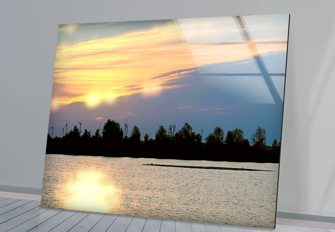 Sunset Lake View Wall Art – Serene Wind Turbine Glass Print for Eco-Inspired and Modern Interiors - MyPhotoStation
