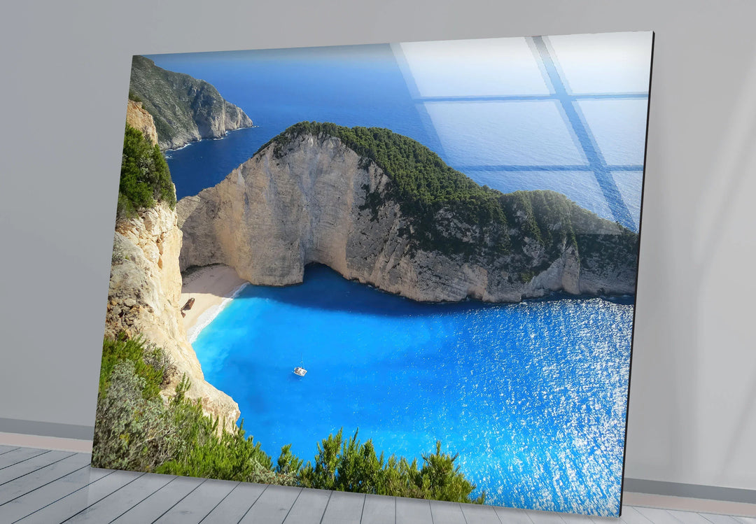 Navagio Beach Wall Art – Stunning Blue Coast Glass Print of Zakynthos Bay for Coastal and Modern Interiors - MyPhotoStation