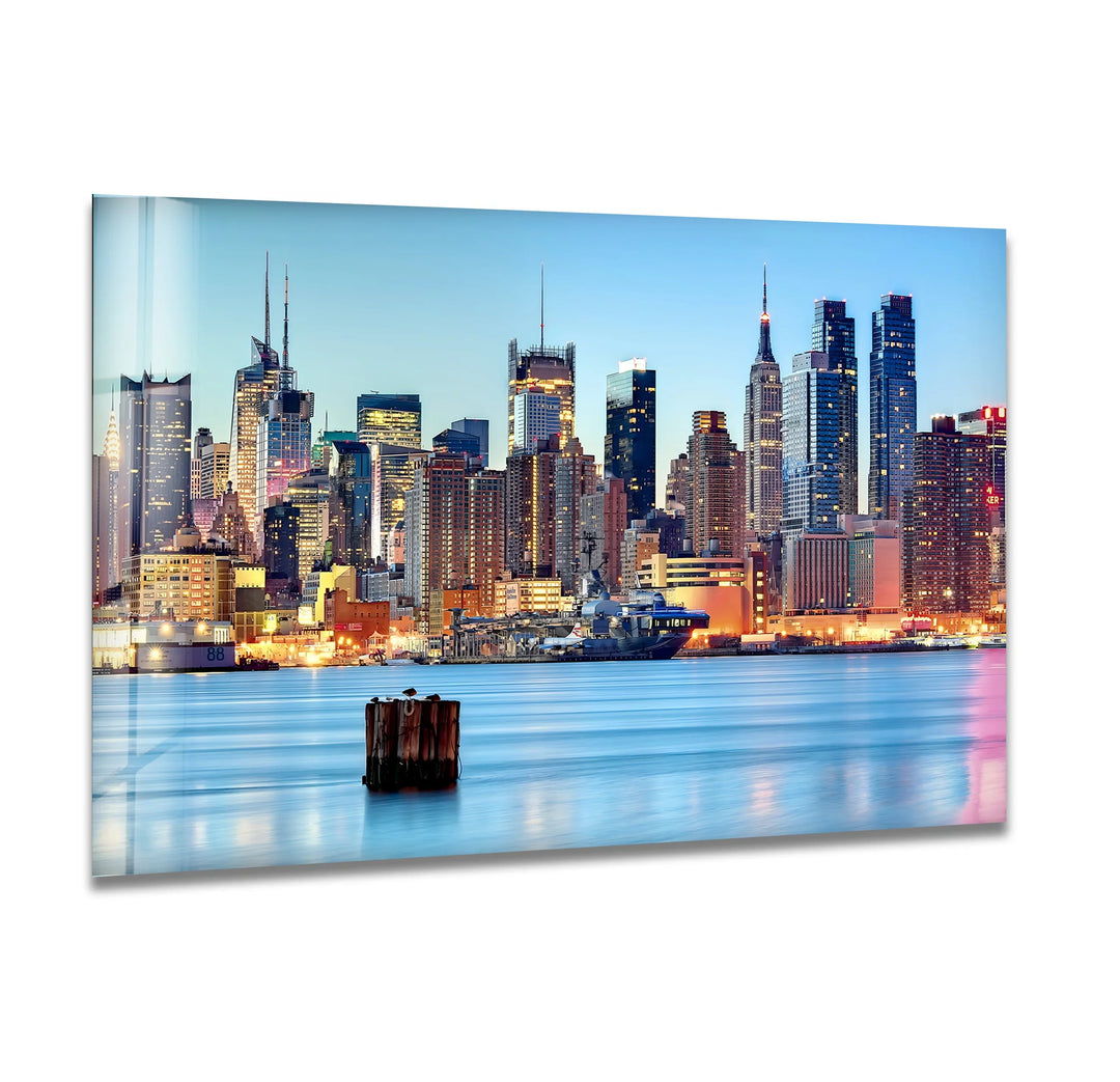 New York City Skyline Glass Wall Art – Iconic Manhattan Skyline with Stunning Waterfront View - MyPhotoStation
