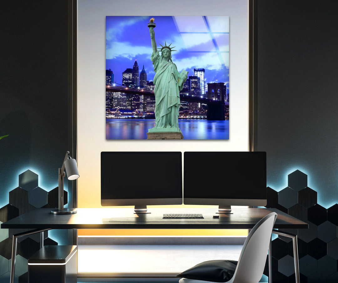 Statue of Liberty Glass Wall Art – Iconic New York Landmark with Brooklyn Bridge View at Night - MyPhotoStation