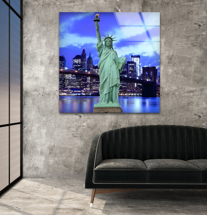 Statue of Liberty Glass Wall Art – Iconic New York Landmark with Brooklyn Bridge View at Night - MyPhotoStation