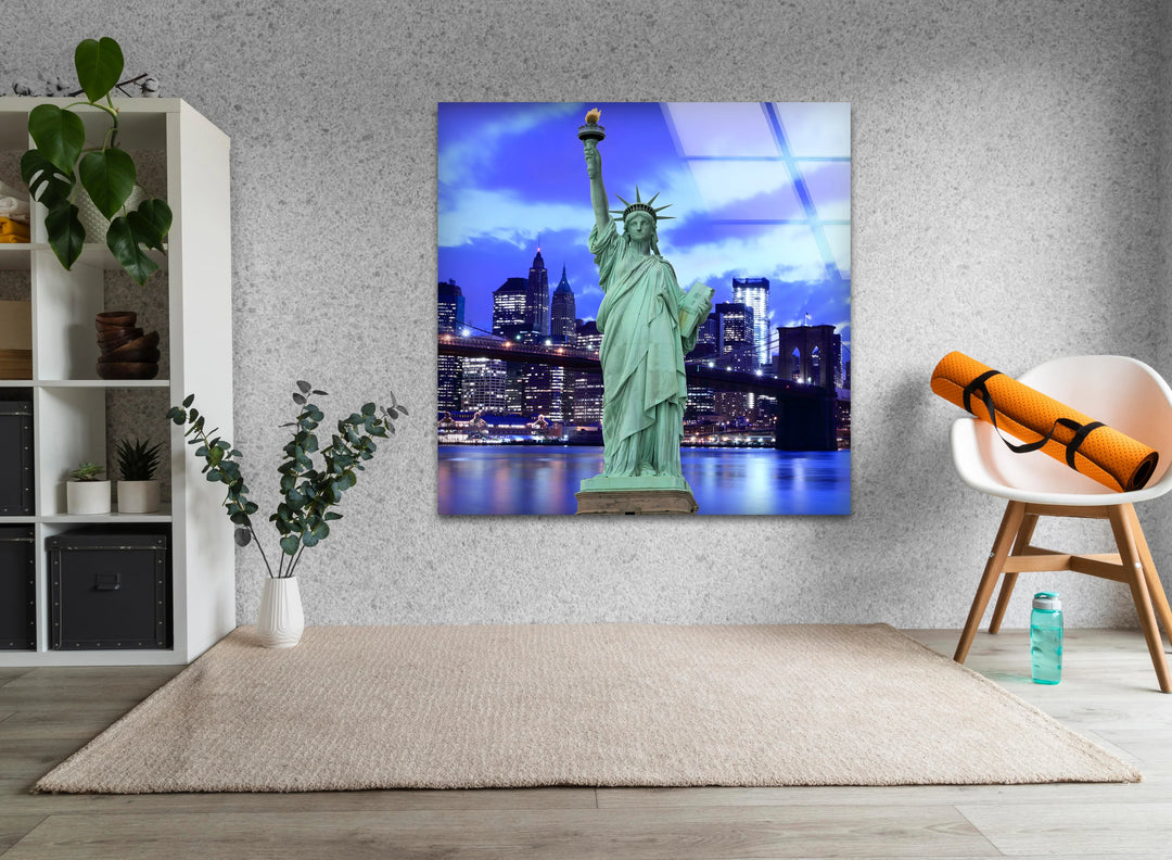 Statue of Liberty Glass Wall Art – Iconic New York Landmark with Brooklyn Bridge View at Night - MyPhotoStation