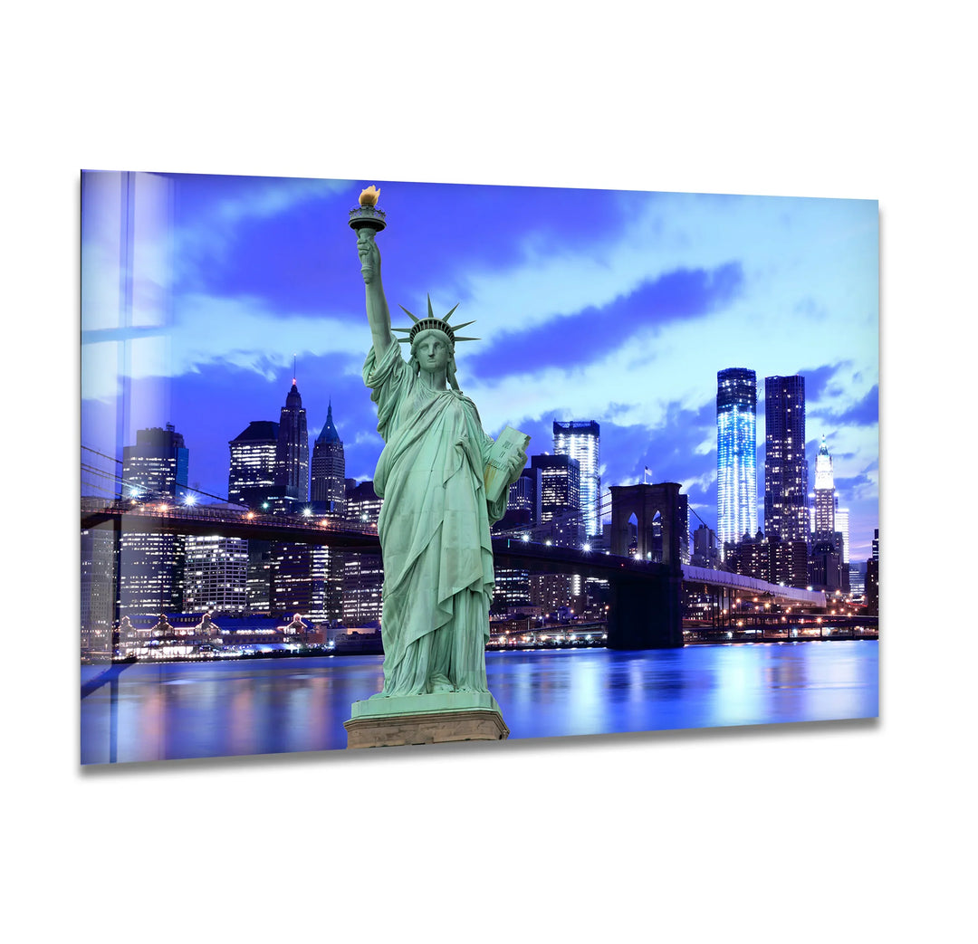 Statue of Liberty Glass Wall Art – Iconic New York Landmark with Brooklyn Bridge View at Night - MyPhotoStation