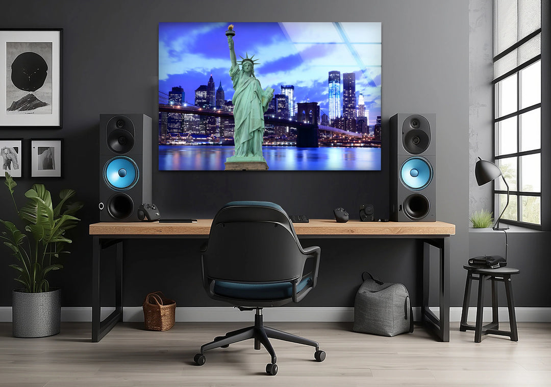 Statue of Liberty Glass Wall Art – Iconic New York Landmark with Brooklyn Bridge View at Night - MyPhotoStation