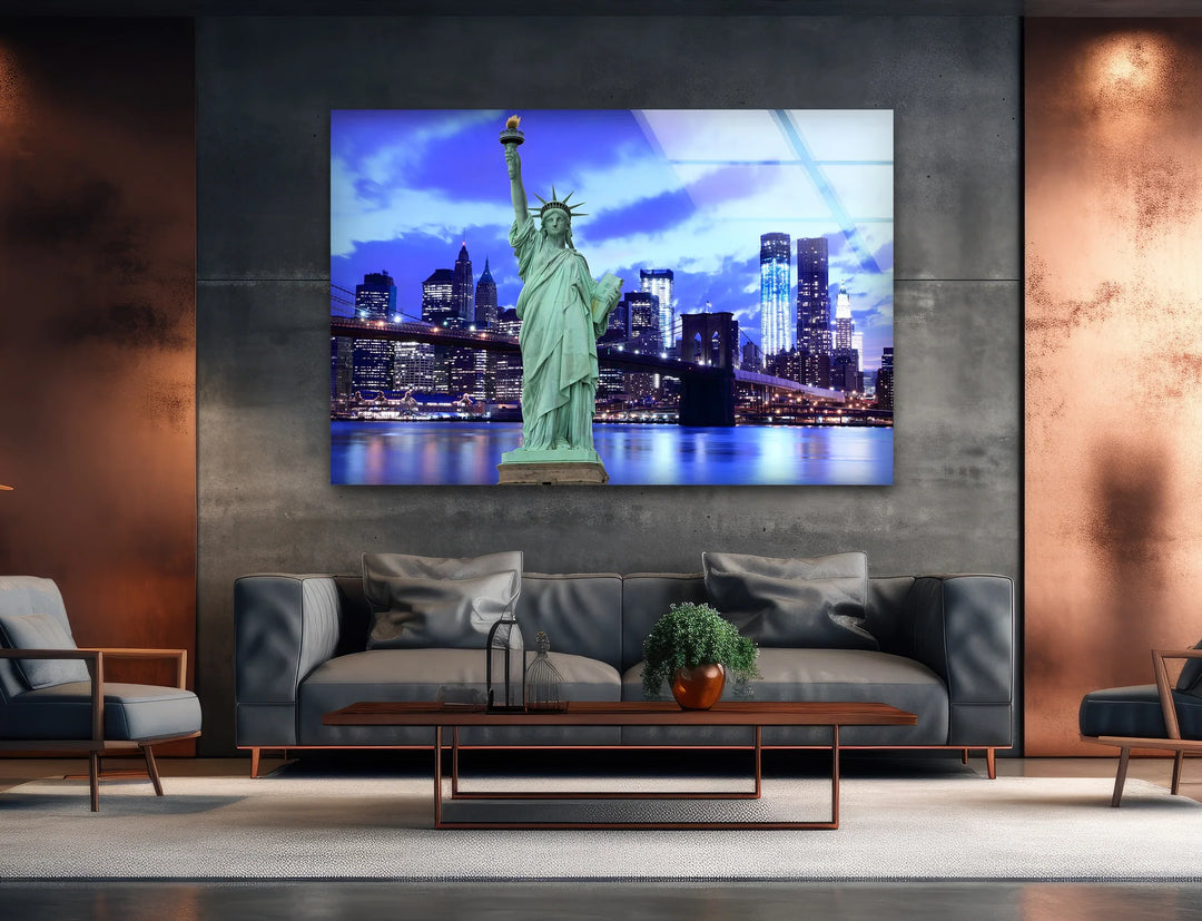 Statue of Liberty Glass Wall Art – Iconic New York Landmark with Brooklyn Bridge View at Night - MyPhotoStation