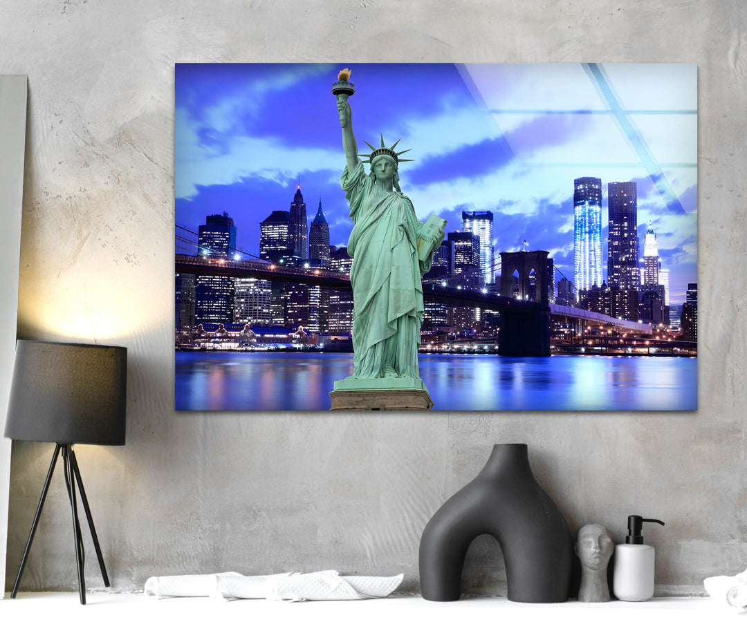 Statue of Liberty Glass Wall Art – Iconic New York Landmark with Brooklyn Bridge View at Night - MyPhotoStation