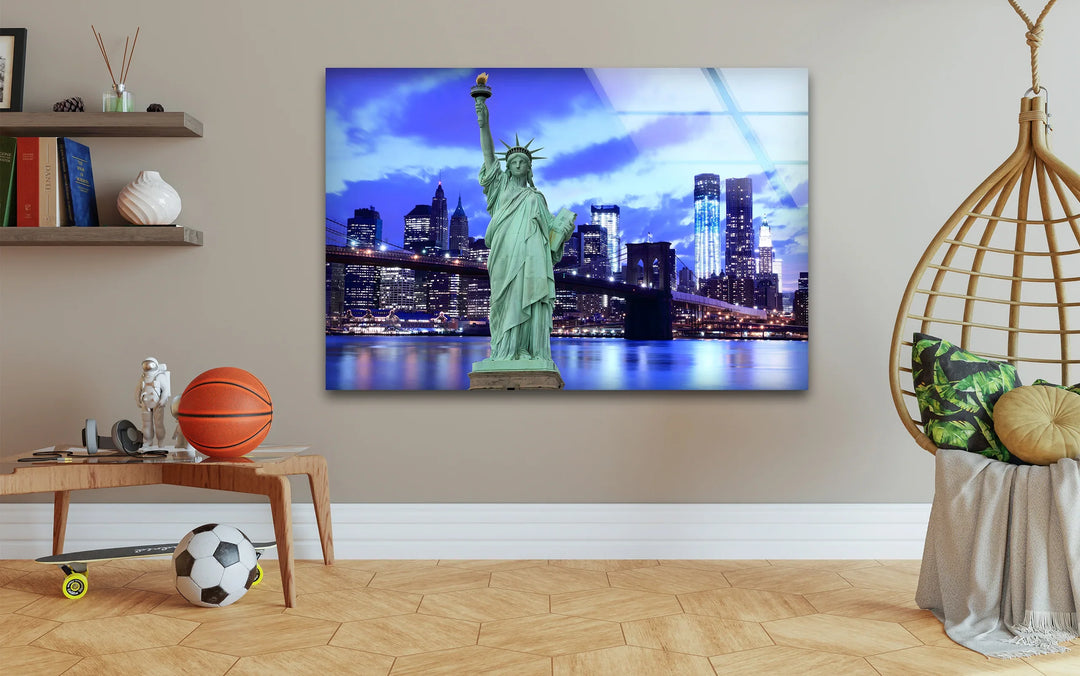 Statue of Liberty Glass Wall Art – Iconic New York Landmark with Brooklyn Bridge View at Night - MyPhotoStation