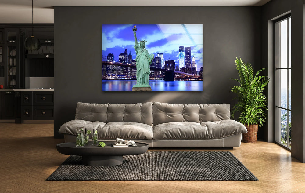 Statue of Liberty Glass Wall Art – Iconic New York Landmark with Brooklyn Bridge View at Night - MyPhotoStation