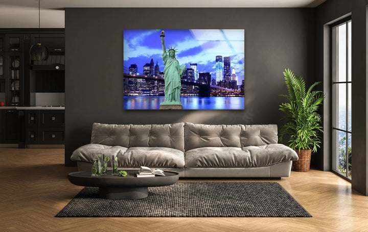 Statue of Liberty Glass Wall Art – Iconic New York Landmark with Brooklyn Bridge View at Night - MyPhotoStation