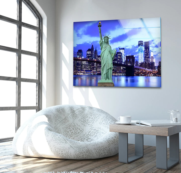 Statue of Liberty Glass Wall Art – Iconic New York Landmark with Brooklyn Bridge View at Night - MyPhotoStation